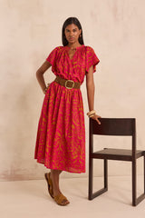 BROWN PRINTED FLUID MIDI COTTON SKIRT