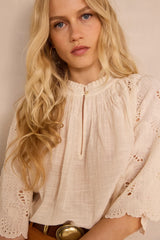 MASHA CREAM 3/4 SLEEVE EMBROIDERED COTTON BLOUSE