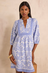 PRUNE PRINTED BLENDED COTTON SHORT DRESS