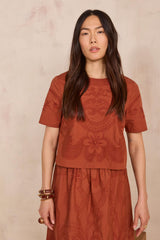 DOLORES BRICK EMBROIDERED SHORT-SLEEVE BLOUSE
