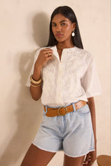 MAHE EMBROIDERED SHORT-SLEEVED COTTON BLOUSE