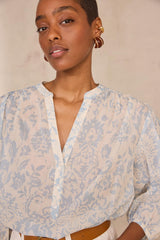 DEVONA SKY BLUE PRINTED LONG SLEEVE COTTON BLOUSE