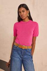 AMANDA FUCHSIA SHORT SLEEVE COTTON BLEND SWEATER