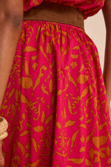 BROWN PRINTED FLUID MIDI COTTON SKIRT