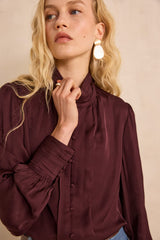 MAY EGGPLANT HIGH-NECK SATIN BLOUSE