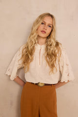 MASHA CREAM 3/4 SLEEVE EMBROIDERED COTTON BLOUSE