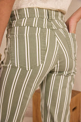 ROSE KAKI STRIPED CROPPED WIDE-LEG TROUSERS