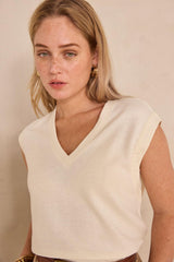 LYNA CREAM LINEN BLEND SLEEVELESS T-SHIRT