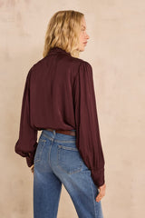 MAY EGGPLANT HIGH-NECK SATIN BLOUSE