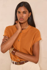 ALMA OCHRE SHORT-SLEEVED COTTON CARDIGAN