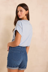 LOUISE SKY BLUE DETAIL COTTON T-SHIRT