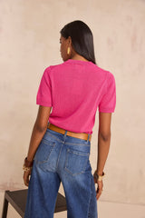AMANDA FUCHSIA SHORT SLEEVE COTTON BLEND SWEATER