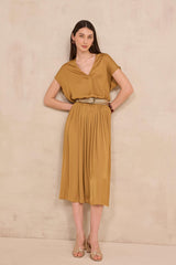 CRYSTAL OCHRE PLEATED MIDI SKIRT