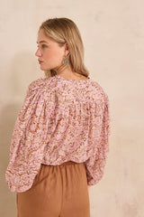 DEVONA LONG-SLEEVE PRINTED COTTON BLOUSE