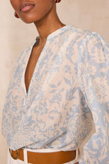 DEVONA SKY BLUE PRINTED LONG SLEEVE COTTON BLOUSE