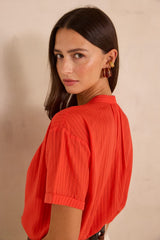 DEVIKA CORAL SHORT SLEEVE COTTON BLEND BLOUSE