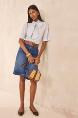 DARINE BOW TIE COLLAR STRIPED COTTON BLOUSE