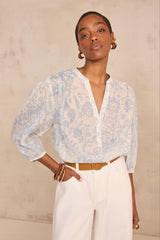 DEVONA SKY BLUE PRINTED LONG SLEEVE COTTON BLOUSE
