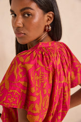 MIA SHORT-SLEEVE COTTON PRINTED BLOUSE