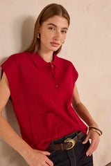 AGLAE RED SLEEVELESS POLO SWEATER