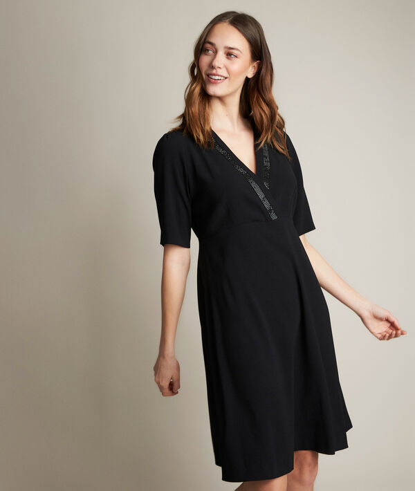 FABE CREPE DRESS WITH JEWELLED NECK