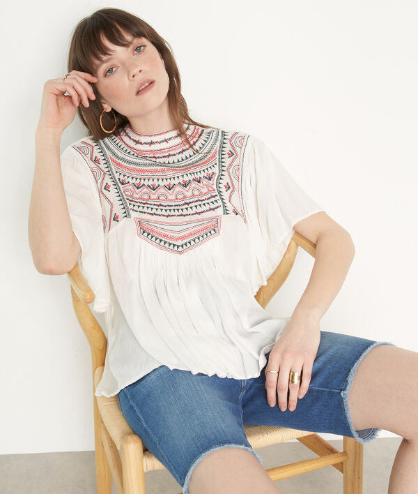 LAURENE WHITE EMBROIDERED BIB FRONT BLOUSE