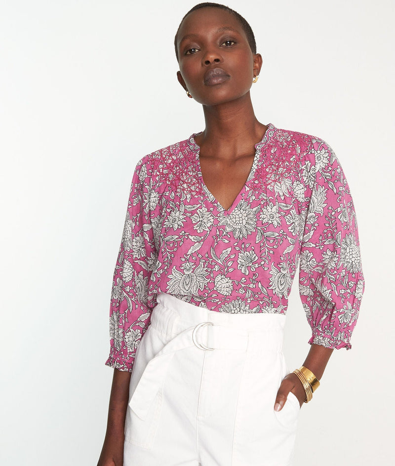 LIBELLULE PINK LOOSE-FITTING PRINTED ORGANIC COTTON BLOUSE