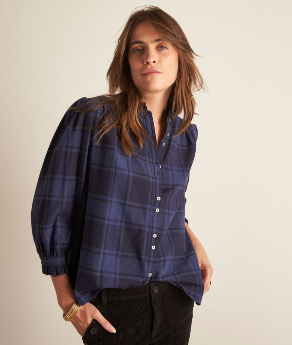 CLARENCE BLUE CHECKERED COTTON BLOUSE