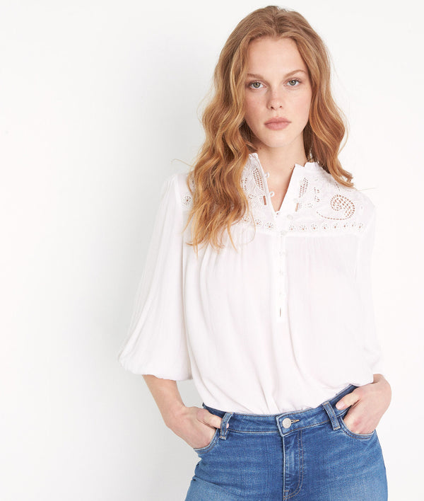 CAPUCINE ECRU OPENWORK AND EMBROIDERED FLOWING BLOUSE