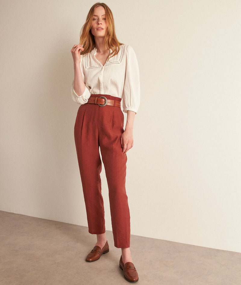 THEO BRICK RED HIGH-WAISTED CIGARETTE CUT TROUSERS