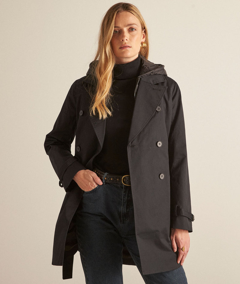 MADY SHORT BLACK HOODED TRENCH