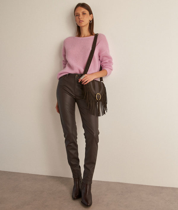 SULTAN BROWN FAUX LEATHER SLIM-FIT TROUSERS