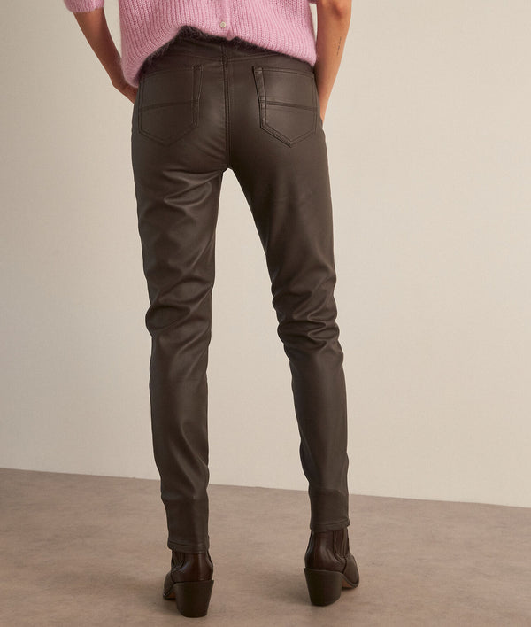 SULTAN BROWN FAUX LEATHER SLIM-FIT TROUSERS