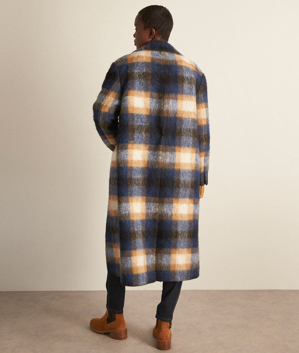 MARILOU NAVY AND CAMEL LONG CHECKED COAT