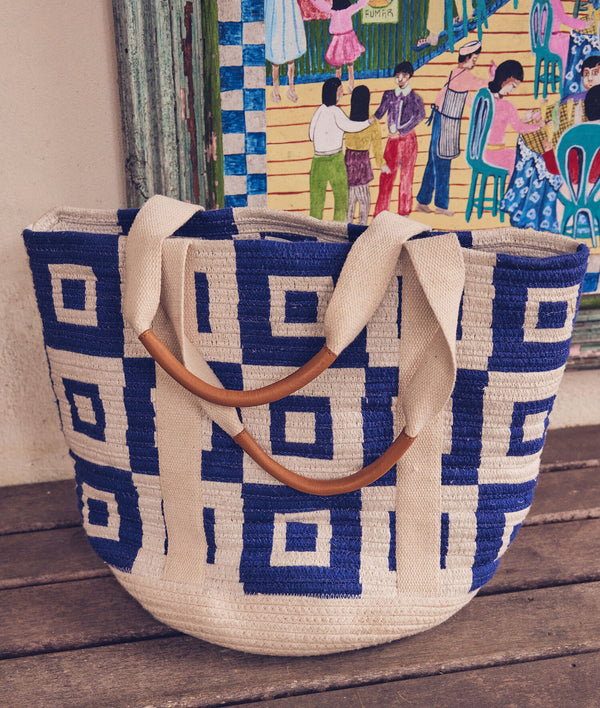 FAUSTINE ROYAL BLUE PRINTED COTTON CABAS TOTE
