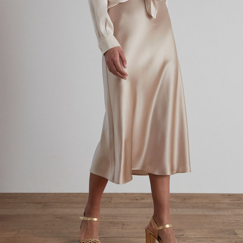 AMELIA BEIGE SATIN MIDI SKIRT