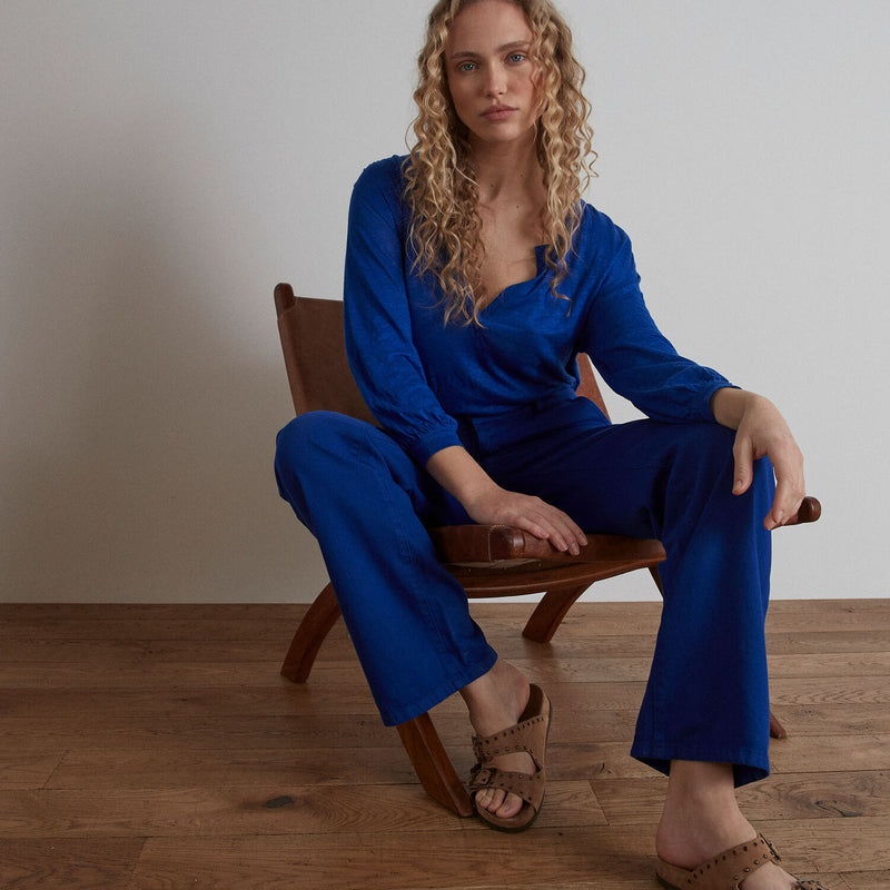 LEANA ROYAL-BLUE WIDE-LEG COTTON TROUSERS