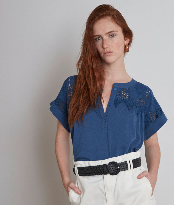 CELENA BLUE EMBROIDERED COTTON T-SHIRT